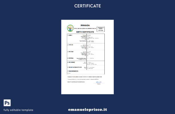 certificato di nascita del Ruanda in stile verificato modello Word e PDF